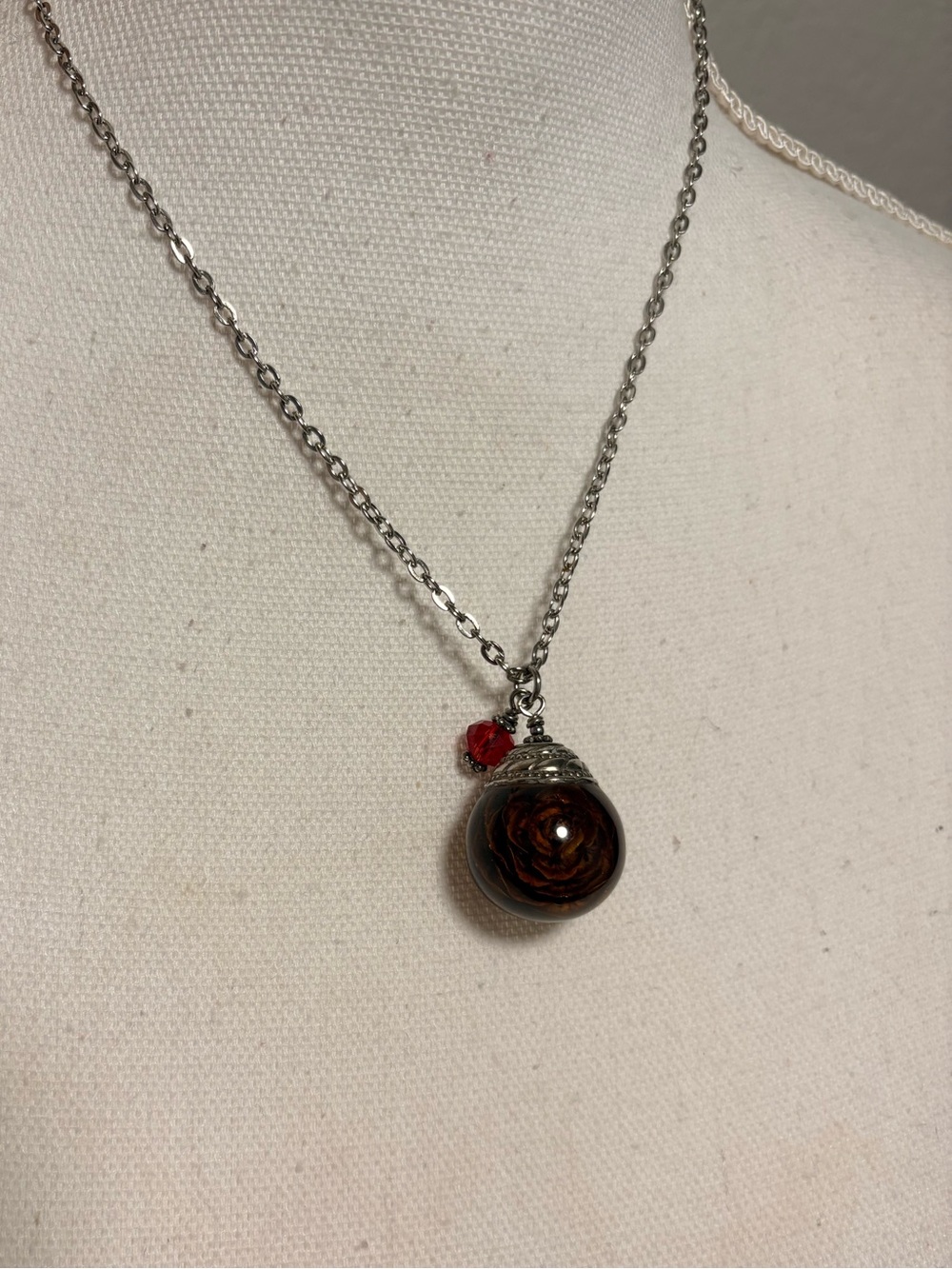 Silver Necklace with Dark Brown Glass Orb Pendant and Red Accent 22inch